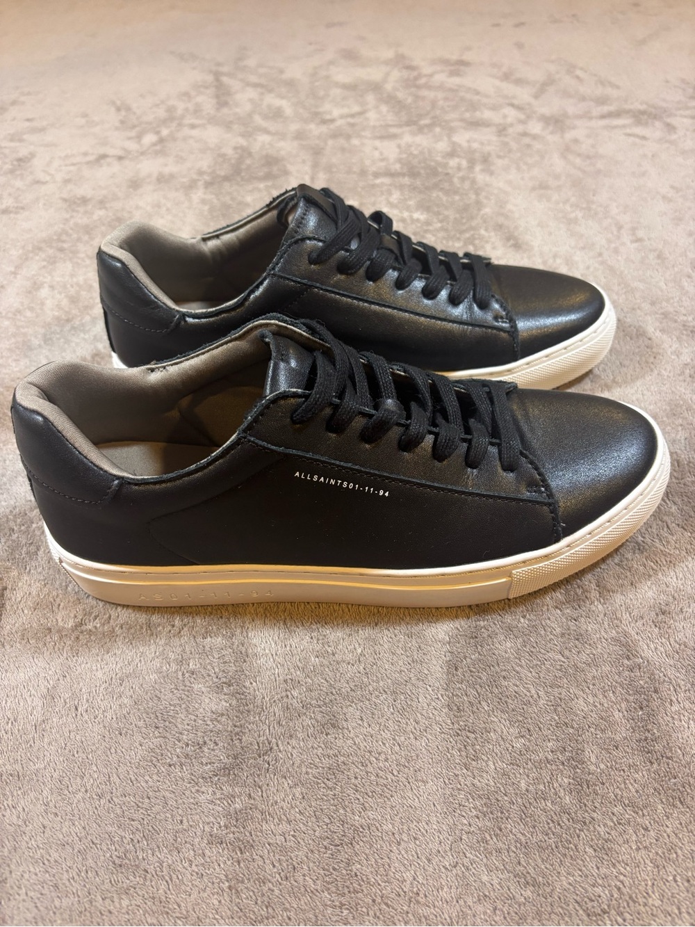 AllSaints Klip Low Top Black Leather Low-Profile Sneakers White Sole Mens 42/9
